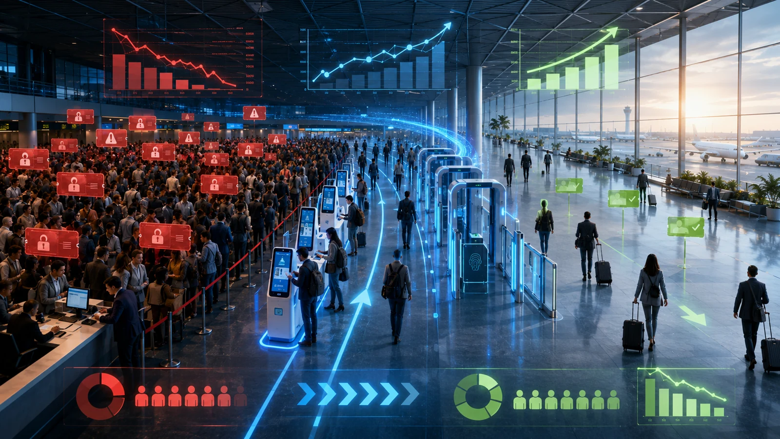 Photorealistic airport-style hall showing the effect of the ticket-reduction levers: a red, steeply declining volume chart on one side gives way to a green rising adoption curve on the other, with self-service kiosks and small donut gauges below — self-service reset, password synchronization, MFA-verified reset, and passwordless together bending password-reset tickets downward.