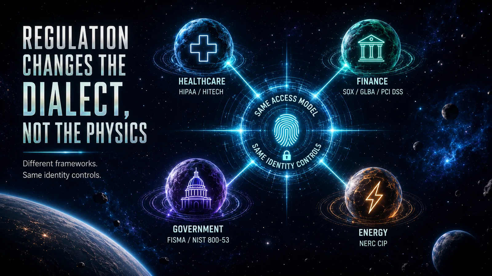 Infographic titled "Regulation changes the dialect, not the physics — different frameworks, same identity controls," with healthcare (HIPAA/HITECH), finance (SOX/GLBA/PCI DSS), government (FISMA/NIST 800-53), and energy (NERC CIP) planets orbiting a central fingerprint labeled "same access model, same identity controls."