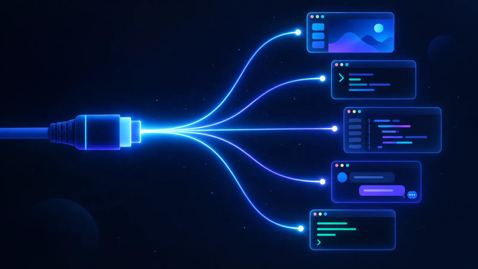 A glowing connector plug on the left sends one beam that splits into five curved branches, each ending at a different abstract window on the right: an image viewer, a terminal, a code editor, a chat window and a command line. Deep-navy background, no text or logos.
