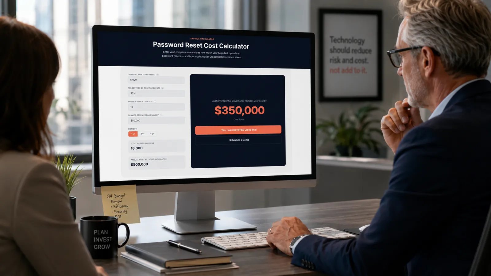 Two executives reviewing the Avatier password reset cost calculator — a 5,000-employee organization at a 30% reset share with 10 service desk staff at a $50,000 average salary produces 18,000 resets per year and a $500,000 annual cost without automation, with Avatier Credential Governance reducing the cost by $350,000 over one year.
