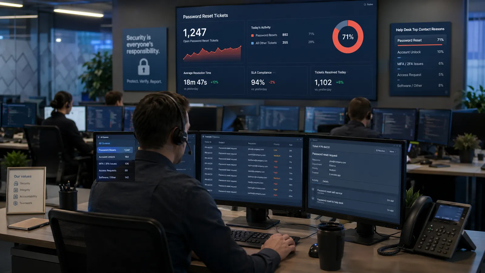 A help desk operations floor with a wall dashboard showing password reset tickets dominating the contact mix — 1,247 open password reset tickets at 71% of the day's volume with an 18m 47s average resolution time — alongside the top-contact-reasons board where password resets lead account unlocks, MFA issues, and access requests.