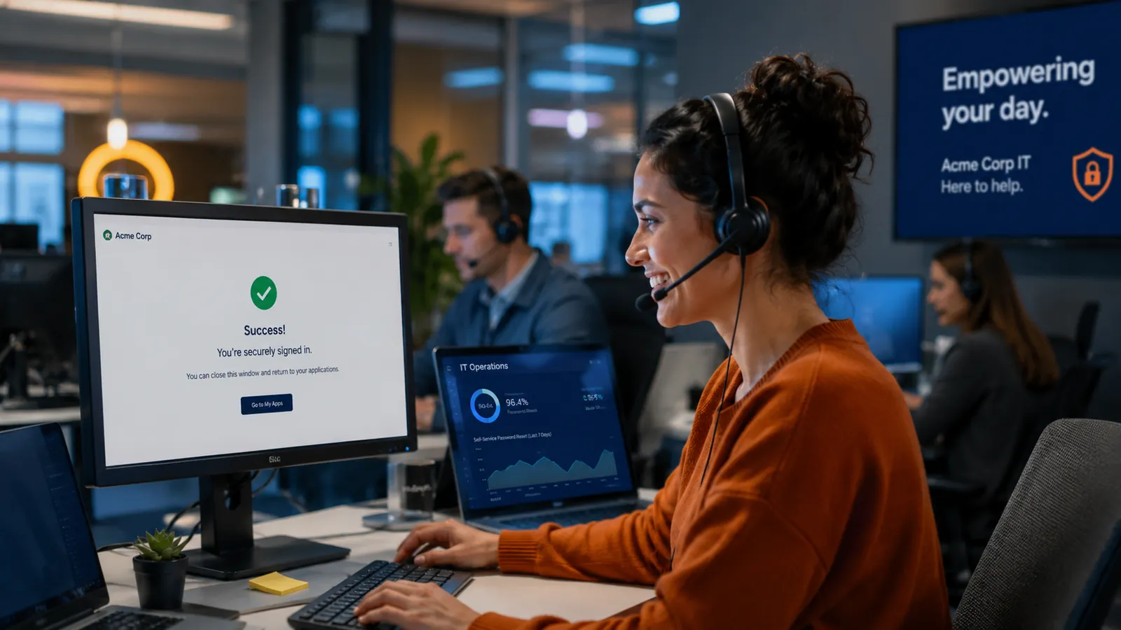 A help desk agent watching a self-service password reset succeed — a 'You're securely signed in' confirmation on the employee's screen while the IT operations dashboard shows 96.4% self-service password reset success over the last seven days — the ticket deflection that SSPR plus passwordless delivers.