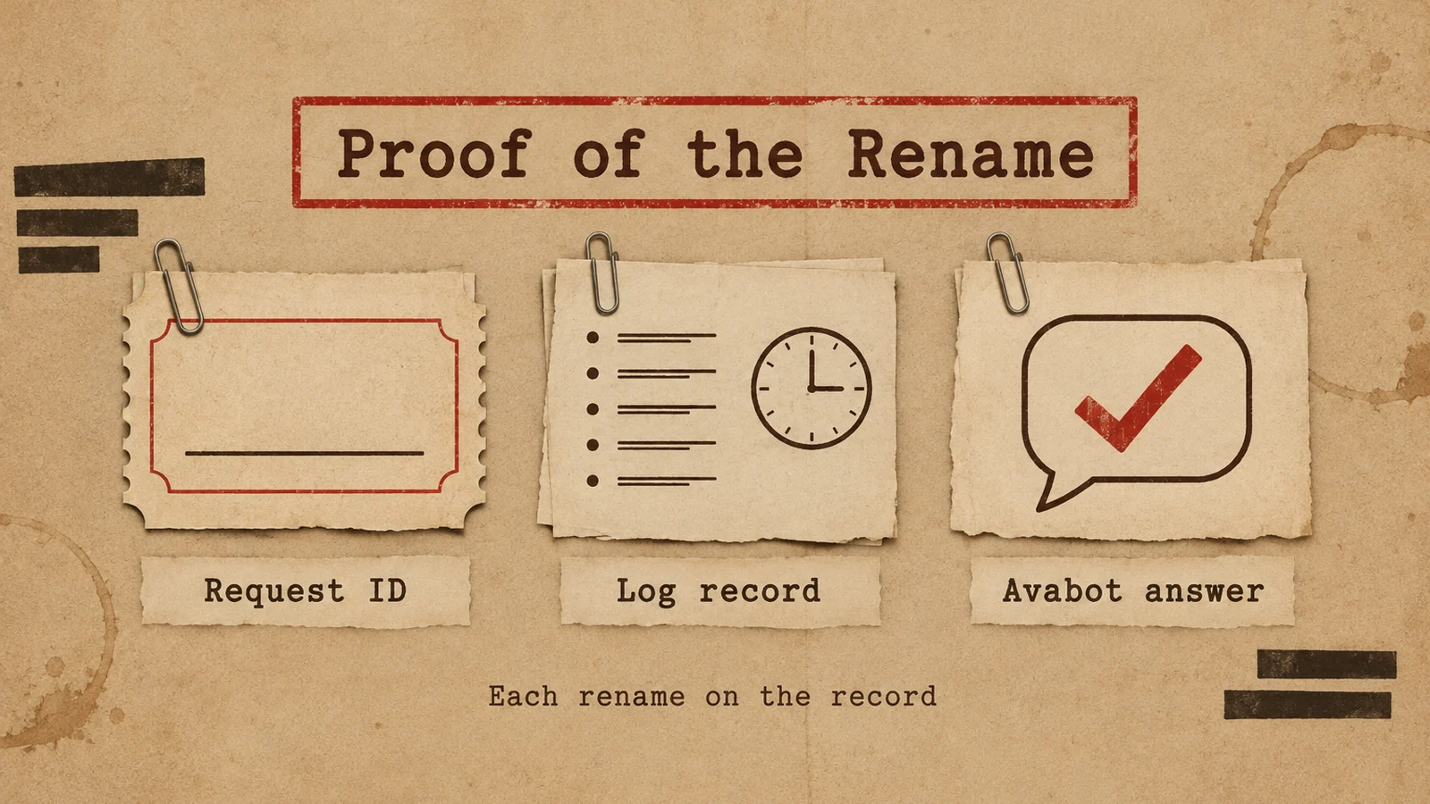 Sepia dossier infographic titled Proof of the Rename inside a red stamped box: three paperclipped exhibits show a blank ticket stub labeled Request ID, a list with a clock labeled Log record and a speech bubble with a red check labeled Avabot answer. Footer typed beneath reads Each rename on the record.