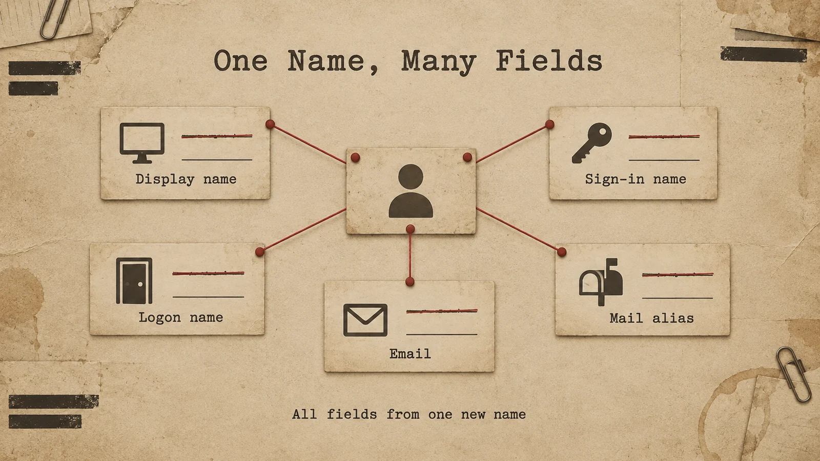 Sepia case-file infographic titled One Name, Many Fields: a central person card is linked by red strings to five paper panels with icons, labeled Display name, Sign-in name, Logon name, Email and Mail alias, each showing an old value struck through above a blank new line. Footer reads All fields from one new name.