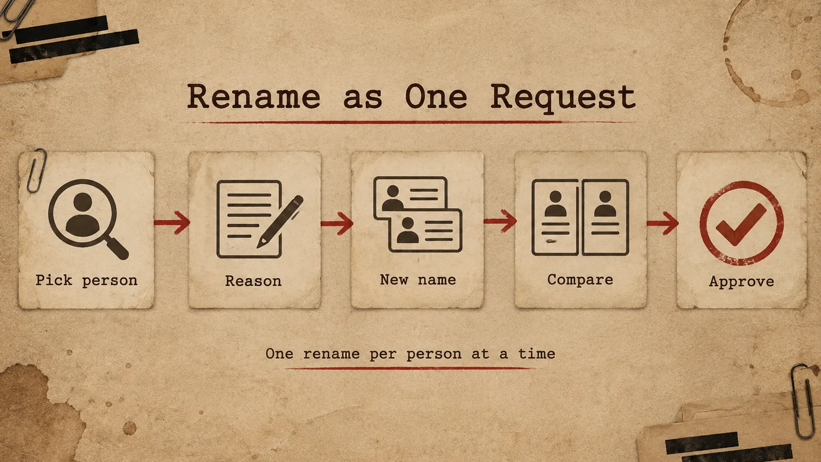 Sepia dossier infographic titled Rename as One Request: five aged paper cards joined by red arrows show a magnifier over a person, a note with a pen, two stacked name cards, a side-by-side comparison and a red check stamp, labeled Pick person, Reason, New name, Compare and Approve. Footer reads One rename per person at a time.